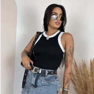 Blusa Feminina Regata Bicolor De Algodão blusinha Básica Canelada Ribana