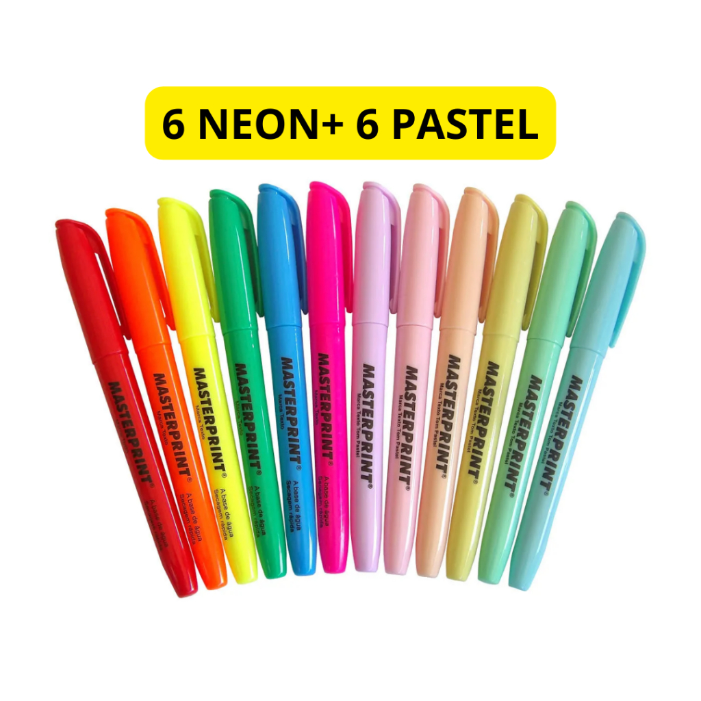 Kit 12 Canetas Marca Texto (6 Pastel + 6 Neon) Masterprint - 12 Cores