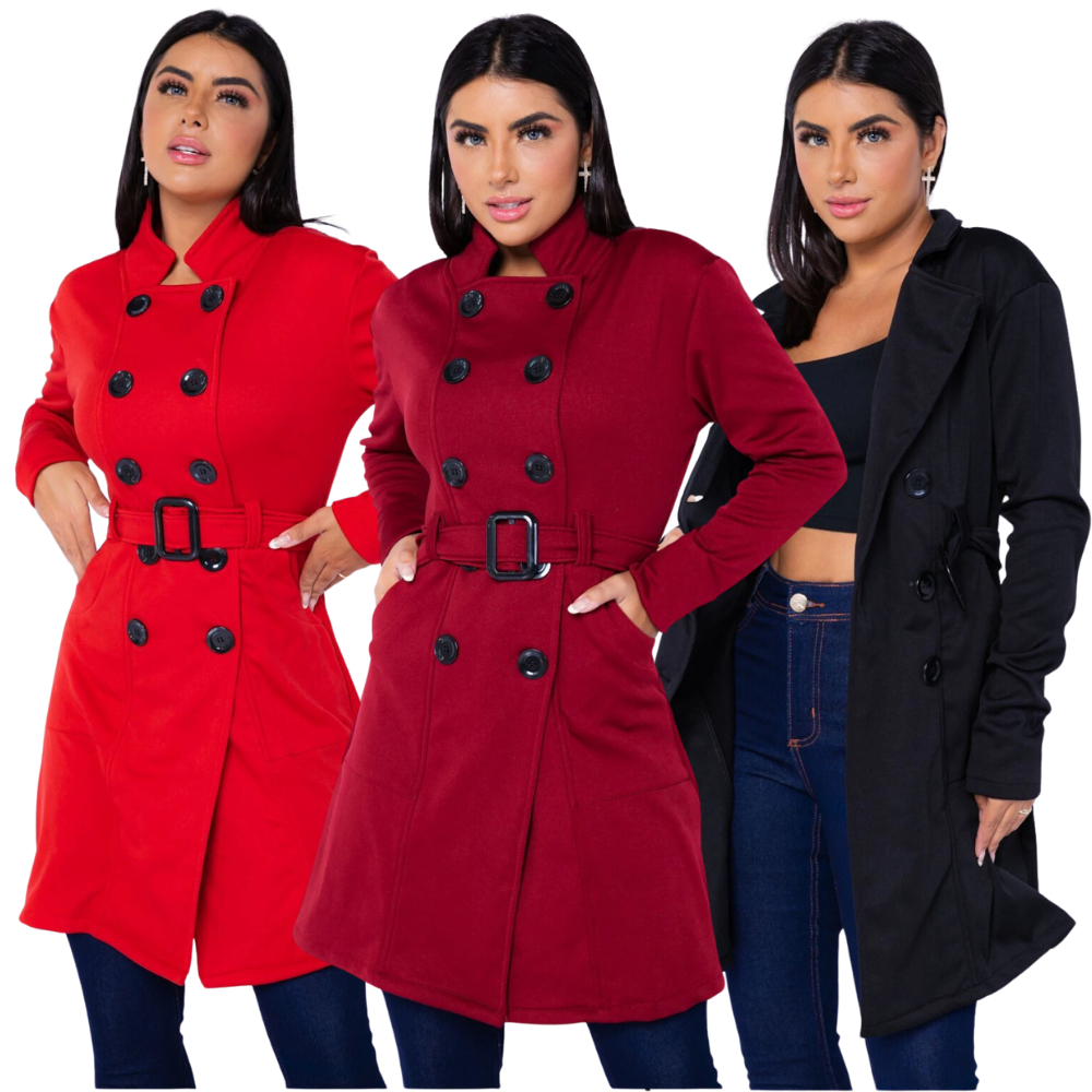 Sobretudo feminino Inverno Longo com Botão e Cinto