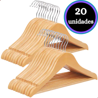 Kit 20 Cabides De Madeira Marfim Para Roupas Calça Gancho Cromado Reforçado