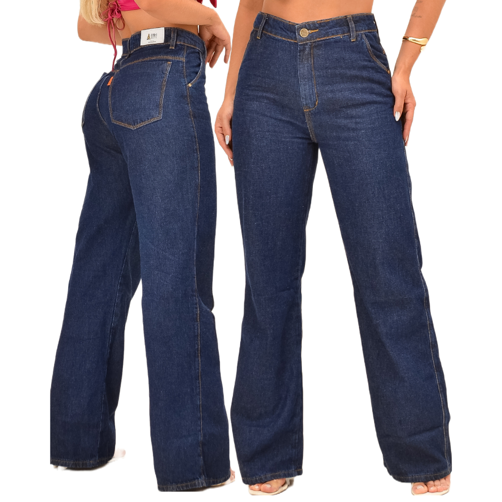 Calça Jeans feminina Wide Leg Básica Pantalona Boca Larga Cintura Alta ...