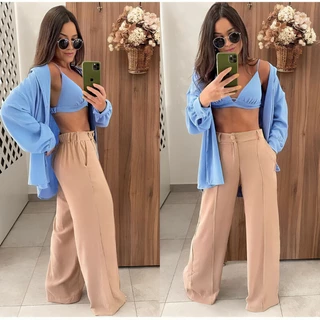 Calça pantalona tecido duna de botão