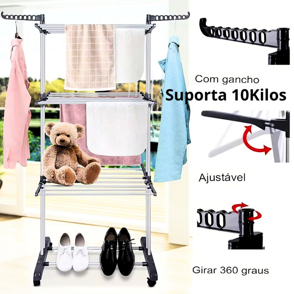 Varal De Chão Roupa Calcinha Grade 3 Andares Dobrável Portátil Retratil Aço inoxidavel 4 Rodas