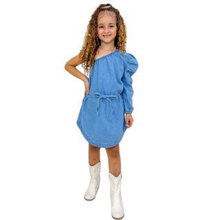Vestido jeans Infantil Menina Moda blogueira Manga Bufante Mini Diva 4 ao 12