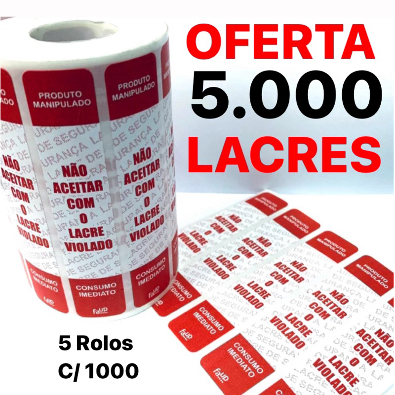 5 Rolos com 1000 unds cada de Lacres Delivery Ifood Vermelho Alimento Segurança