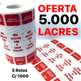 5 Rolos com 1000 unds cada de Lacres Delivery Ifood Vermelho Alimento Segurança