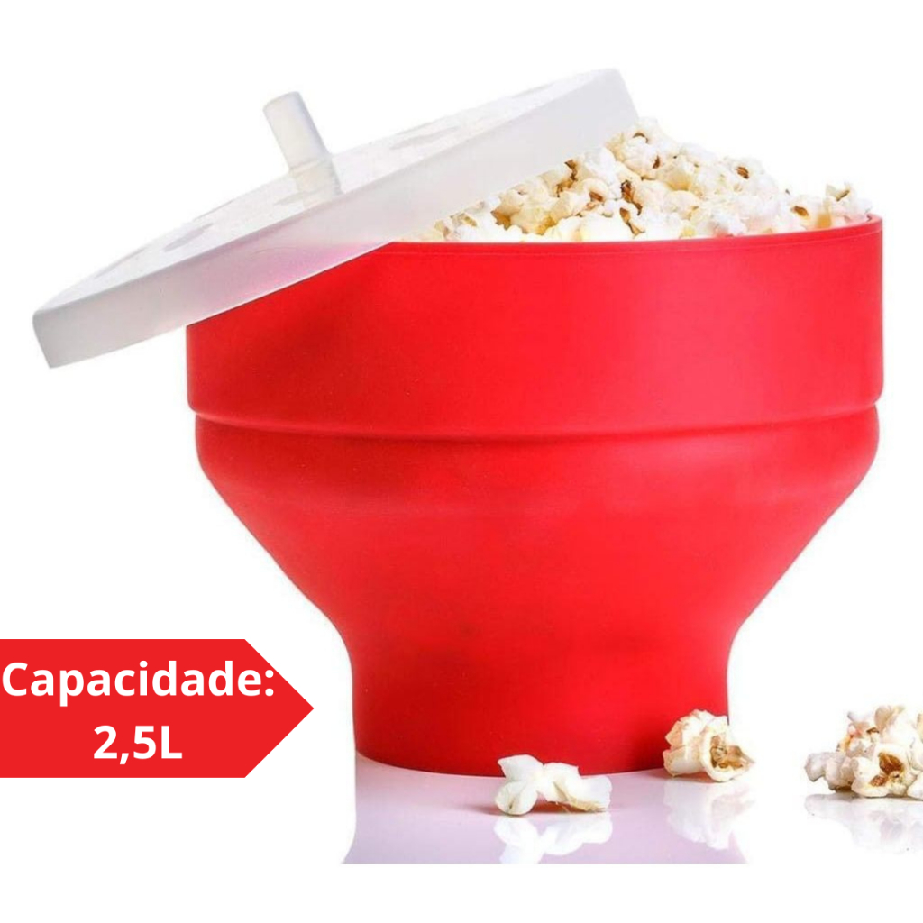 Pipoqueira Grande Para Micro-ondas Sem Óleo Balde Pipoca Silicone Redonda Com Tampa Livre BPA 2,5L