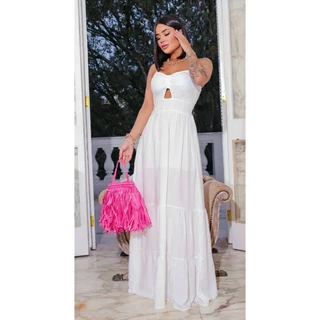 vestido para casamento civil , formatura, batizado branco longo viscolinho, veste até 44, forrado, com bojo, três Marias.