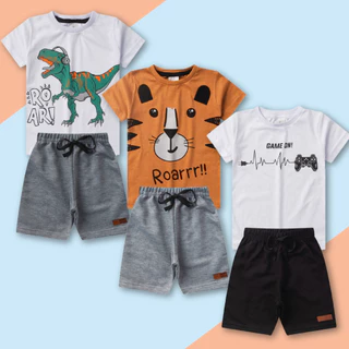 Kit 4 Peças de Roupas Infantil Menino - 2 Camisas + 2 Bermudas - Kit Com 2 Conjuntos de Roupa Infantil Menino Algodão - Estampas Sortidas