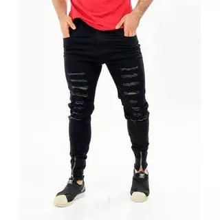 Calça Jeans Masculina PRETA RASGADO Com Zíper NA BARRA e Elastano PREMIUM