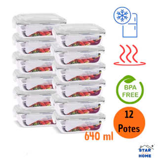 Kit 12 Potes de Vidro 640ml Hermético Marmita Fit com Tampa 4 Travas