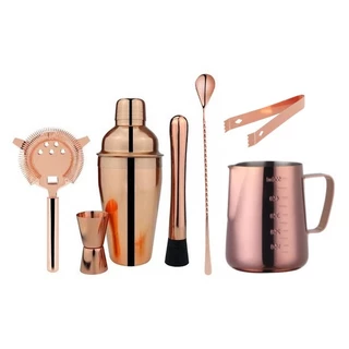 Kit Bartender Rose Profissional 7 Peças Inox - Coqueteleira 550ml - Coador de Gelo - Dosador 30/50ml - Colher Bailarina - Leiteira 600ml - Macerador - Pegador de Gelo - Bar Barman