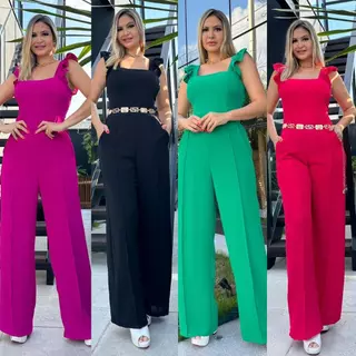 Macacão Feminino Longo Pantalona com Elastex nas Costas com Bolso Tecido Duna liso
