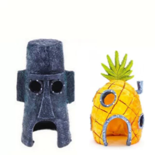 Kit Enfeites De Aquário Fenda Do Biquíni turma Bob Esponja com 2 Casas