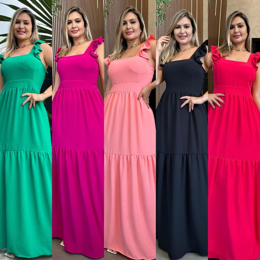 vestido longo liso femenina com bojo com babado na manga