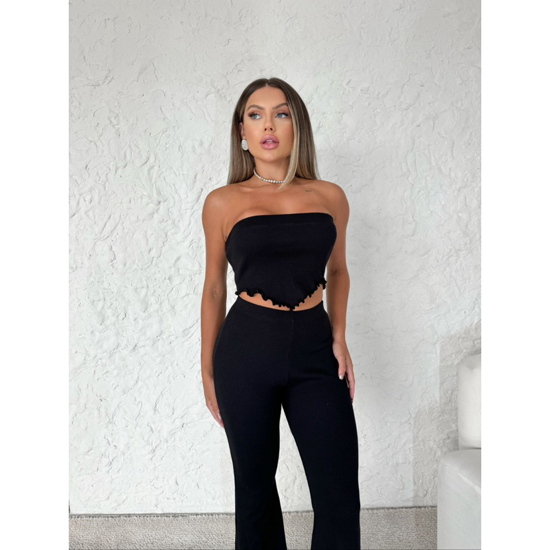 Conjunto Calça Flare Cropped Frufru Canelado Tomara Que Caia