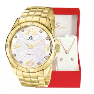 Kit Relógio Feminino Champion Ana Hickmann Dourado Analógico Aço Inox A Prova D’Água Original Presente Moda Gift Aniversário Tendência Estilo Mulher Esposa Namorada Mãe Barato AH28606H