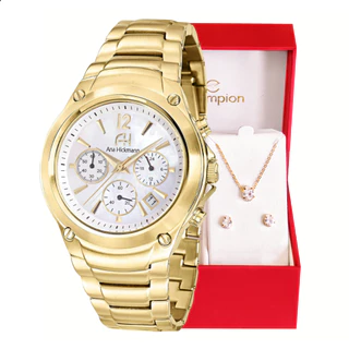 Relógio Champion Ana Hickmann Feminino Dourado Kit Colar e Brincos A Prova D’Água Original Presente Moda Gift Aniversário Tendência Estilo Mulher Esposa Namorada Mãe Barato AH30228H