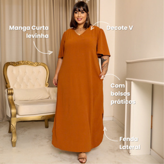 Vestido Longo Plus Size Curvy Manga Curta Large Tendência