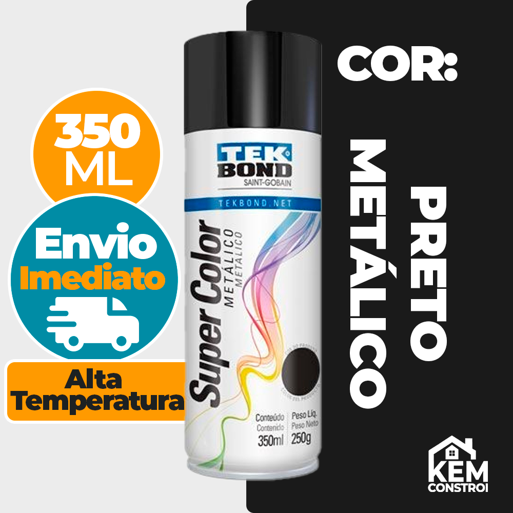Tinta Spray Alta Temperatura 350ML Preto Brilhante Tekbond Motor Chamine Churrasqueira Lareira Fogão