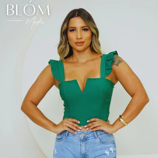 Blusa Cropped Feminino Bia decote em V detalhe alcinha com bojo e zíper