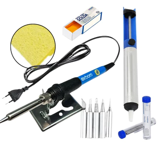 Kit Ferro De Solda Ajustável + 6 Ponteiras com Sugador em Alumínio Tubo de Estanho e Pasta de Solda