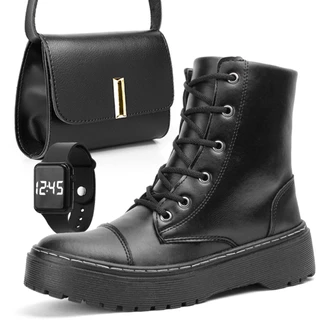 KIT BOTA BOLSA E RELÓGIO BLOGUEIRA COURO ECOLÓGICO ALL BLACK