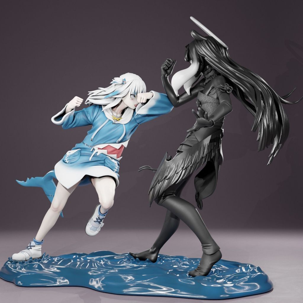 Action Figure Gawr Gura vs Ina 25cm - Hololive Myth Handmade Figure 1/7 Scale - Original Boneca Anime Figure Statue GK Handmade Diorama