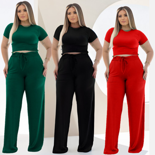 Conjunto Feminino com Calça Pantalona e Cropped de manga curta básico elegante wide leg / Canelado Premium inverno