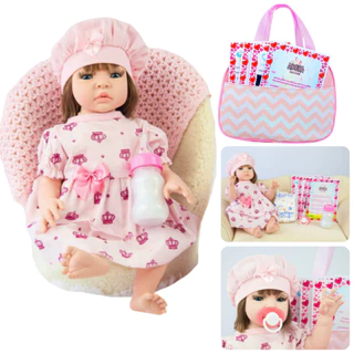 Bebê Reborn Boneca Realista Silicone Pode Dar Banho Menina Vestido e Bolsa de Maternidade