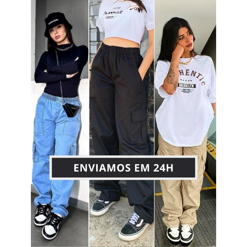 Calça Cargo Masculina Feminina Caqui Preta Jeans Skatista Street Barra Larga Unissex