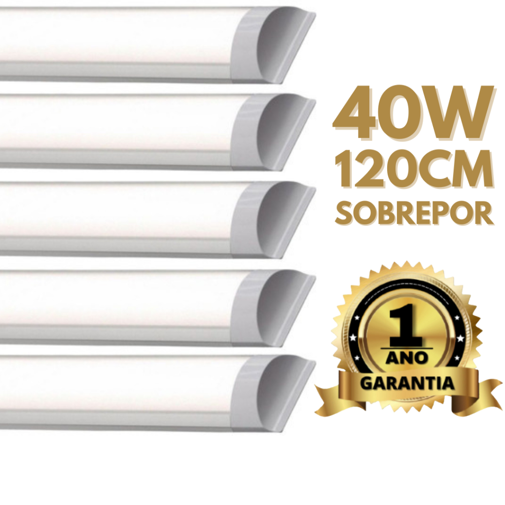 Kit 5 Luminária Led Sobrepor Slim 36W 40W 120cm Linear 6500K Branco Frio Bivolt