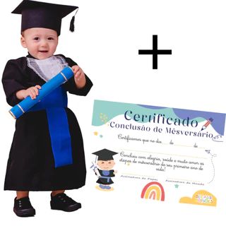 Beca de Formatura para Bebê Mesversário com Certificado de Conclusão Personalizado Ensaio Fotográfico Aniversário 1 ano