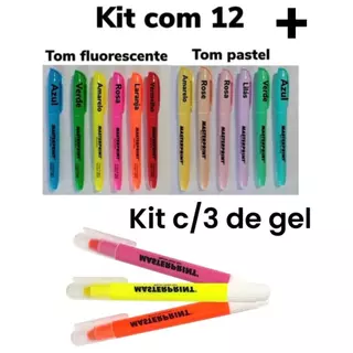Kit 12 caneta Marca Texto (6 Neon + 6 pastel) + 3 Marca Texto Gel Amarela Rosa Laranja Masterprint