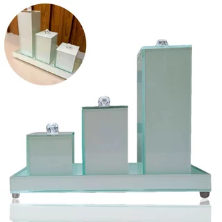 Kit Lavabo Banheiro com Bandeja Vidro Frascos 3 Potes Branco