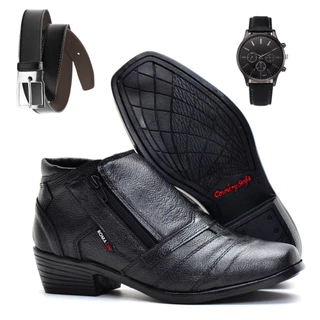 Kit Bota Botina Social Masculina em Couro Legítimo Moda Agro Rural Country Solado Costurado Reforçado com Relógio e Cinto