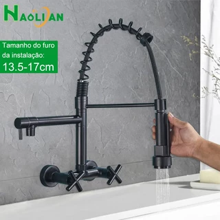 Torneira De Cozinha Preto Com Alças Duplas, Água Quente E Fria, Torneira Misturadora, Bica Giratória, Torneiras De Mola