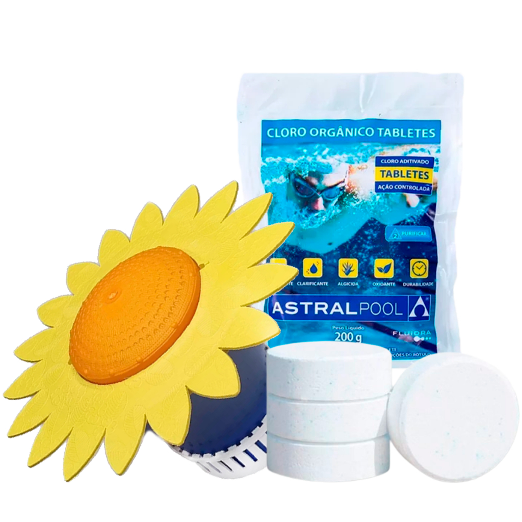 Clorador Flutuante Girassol + Pastilha De Cloro Orgânico 5 Em 1 Desinfetante Clarificante Algicida 200g Para Limpeza De Piscina