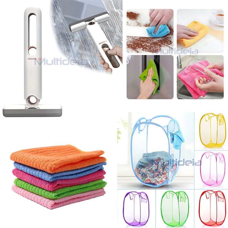 Kit Banheiro Casa Mini Rodo Esfregão 5 Pano Mágico Cesto de Roupa ...