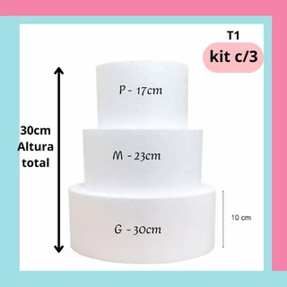 Kit 03 andares base redonda maciça em isopor para bolo fake 17,23,30cm largura x 10cm altura Bolo Cenográfico