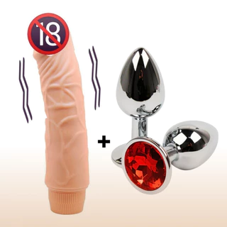 Pênis Pinto Borracha Vibrador Consolo Grande + Plug Anal Alumínio Polido de Joia Brilhante