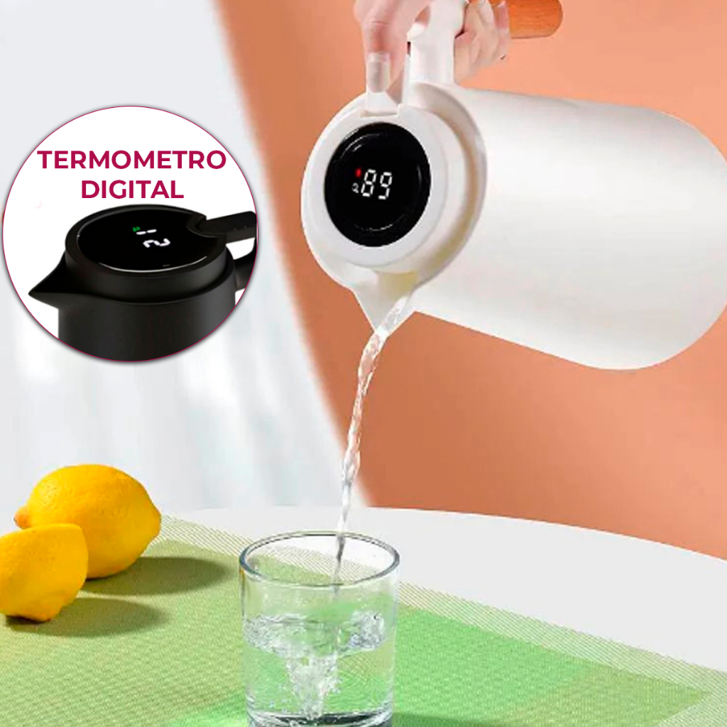 Garrafa Térmica Termometro Digital 1L Café Chá Nórdica Com Cabo Madeira