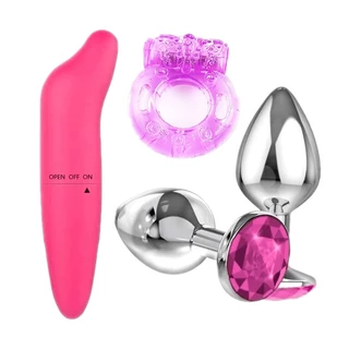 Kit sex shop Plug anal P Inox +Virbador Golfinho Ponto G+Anel Peniano