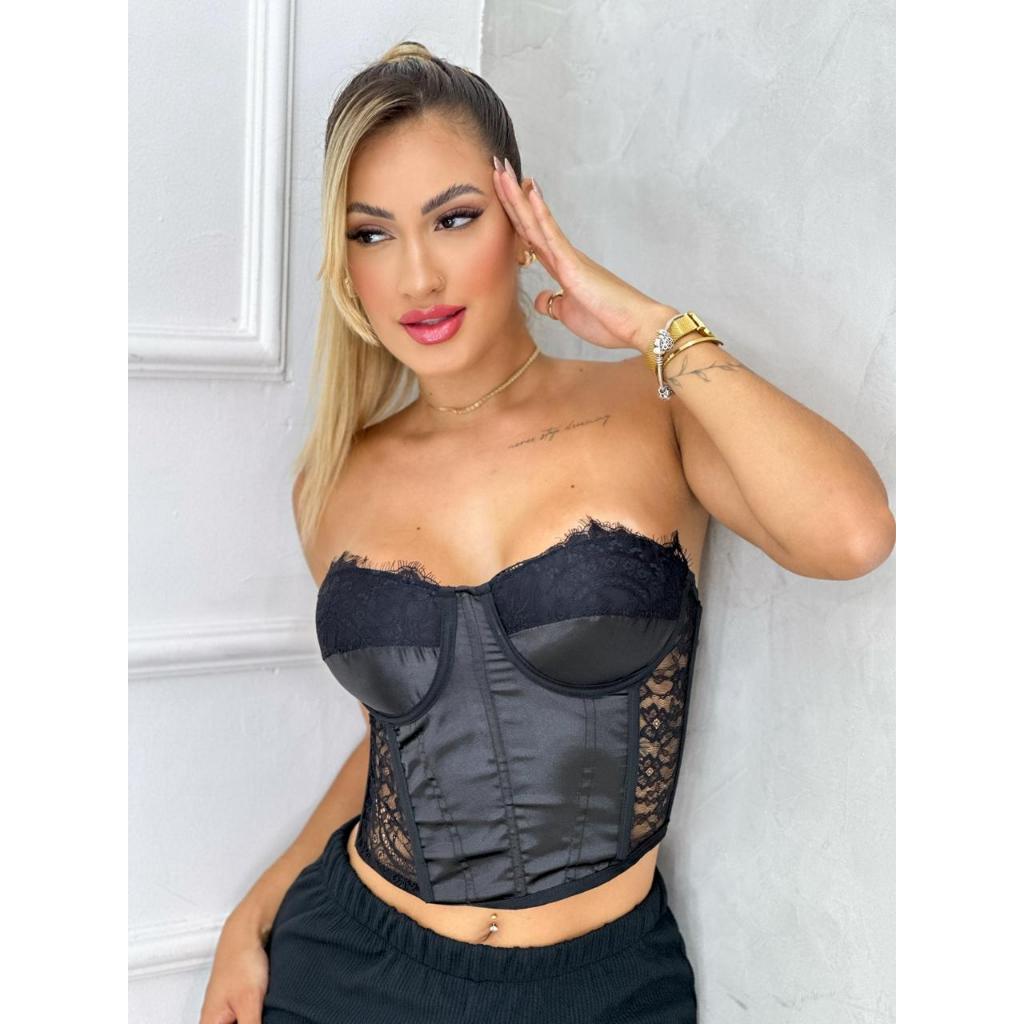 Croppd Corselet Cetim Feminino Tomara que Caia com Amarração nova Tendência Festas Verão 2024