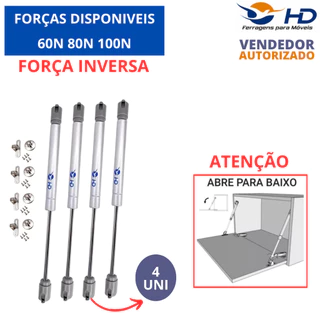 4 Amortecedor INVERSO Pistão Para Armário De Cozinha 60N 80N 100N Cinza Suporta de 10 a 12 Kg HD Ferragens Pistão Gás Armário Cozinha