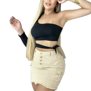 Saia Jeans Curta Feminino Cintura Alta Bege