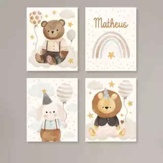 Quadros Decorativos para Quarto de Bebê Aquarela Urso Coelho Leão Decoração Infantil