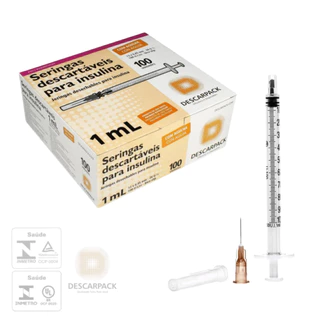 Seringa Insulina 1ml 13x0.45 26g½ 100 Unidades Descartáveis