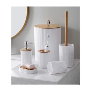 Kit de Bambu Para Banheiro Conjuto Lavabo Saboneteira Lixo Porta Escova Cotonete Acessórios 4 ou 6 peças