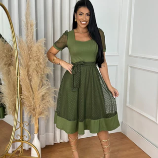 vestido moda evangélica midi gode canelado com tule